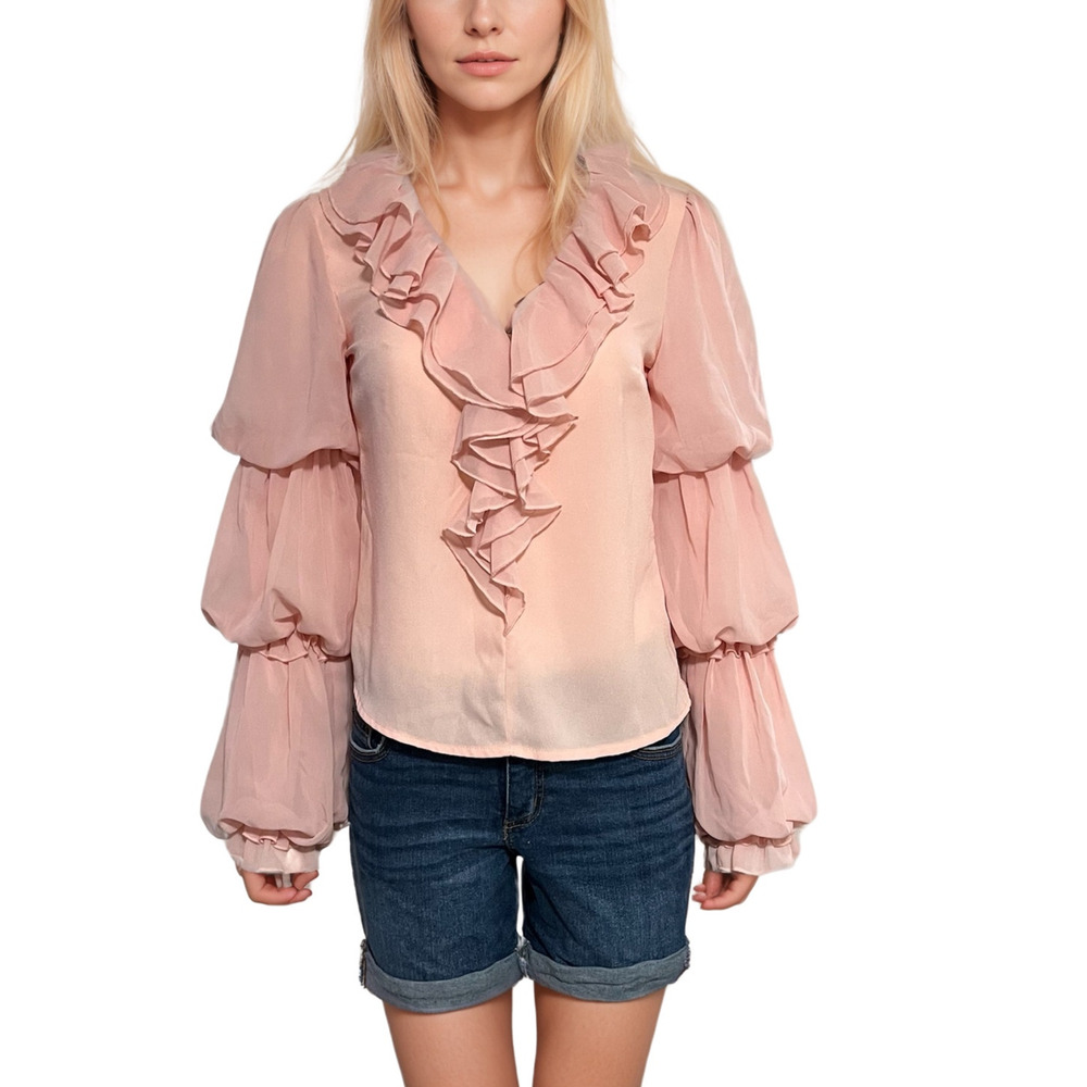 Nylon Premium Peach Layered Bubble Sleeve Blouse Size Small